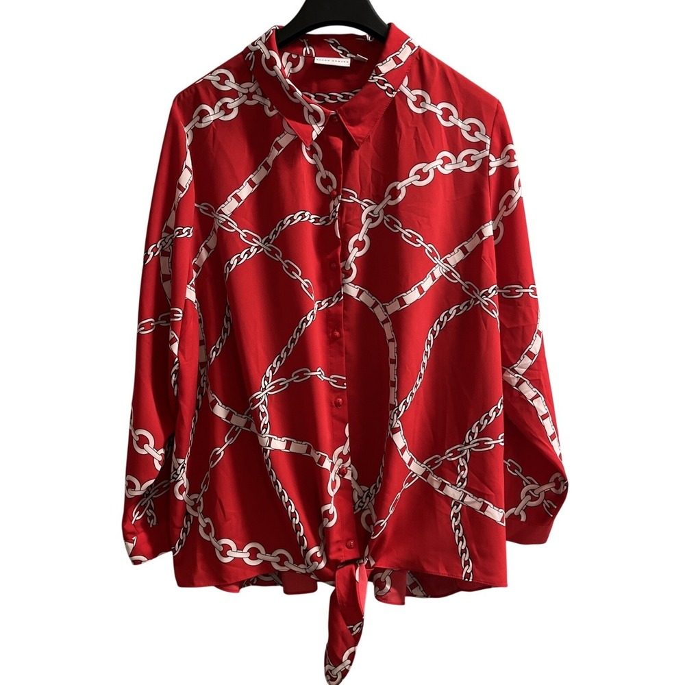 Susan Graver Top Womens 26W Red Satin Chain‎ Print Button Down Tie Hem Office